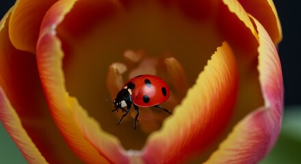 Fototapeta premium Tiny ladybug delicately explores vibrant tulip petals bathed in warm sunlight. AI Generated