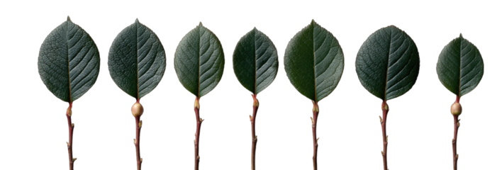 Series of developing leaves, dark green, on slender stems against black background