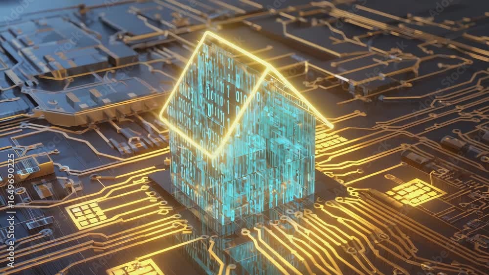 Poster binary code glowing in a house-shaped icon sits prominently on a complex circuit board, illustrating