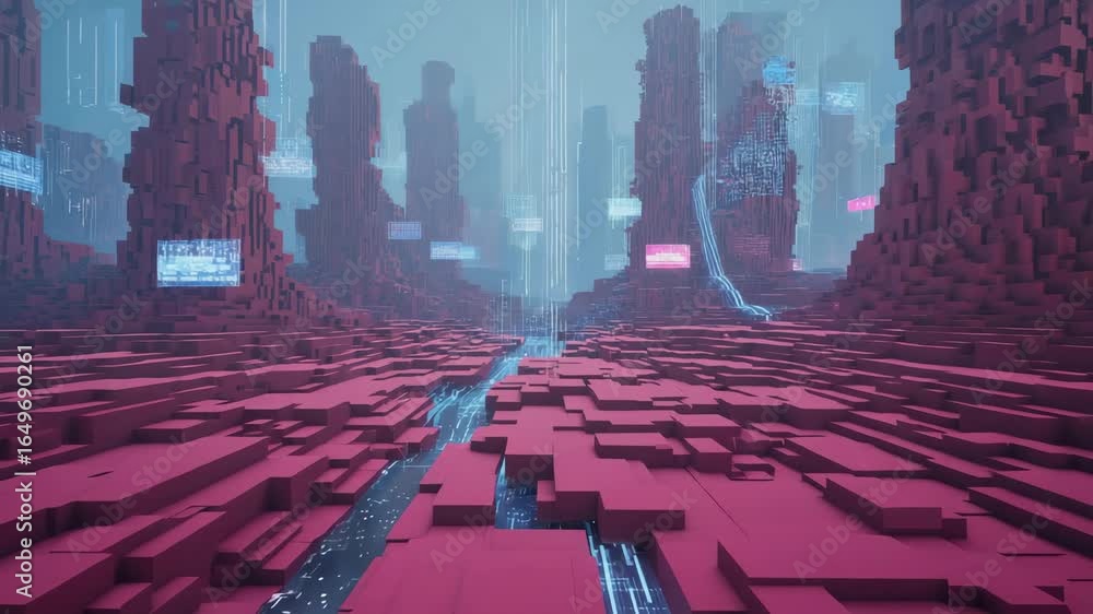 Poster glowing streams of data flow through a futuristic cityscape built from pixelated blocks. digital dis