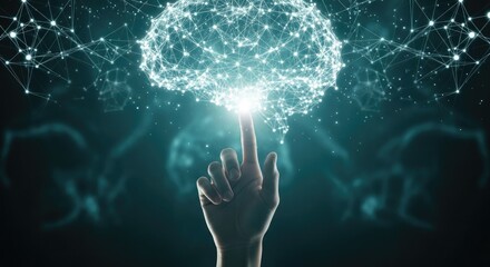 Human hand touching glowing digital brain network finger