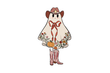 Cowgirl Ghost with Pumpkin and Boots – Western Fall Halloween Sublimation Design