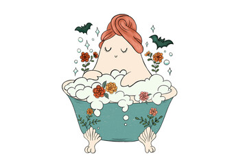 Naklejka premium Relaxing Ghost in Bathtub with Flowers and Bats – Halloween Spa Sublimation Design