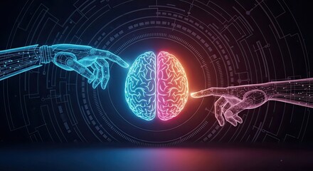 Robotic hands touching glowing brain artificial intelligence technology