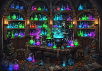 A witch brews potions in her workshop surrounded by shelves filled with colorful bottles and a black cat