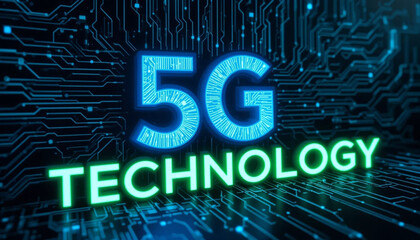 Digital 5G Technology Design with Glowing Blue and Green Text on a Futuristic Circuit Background