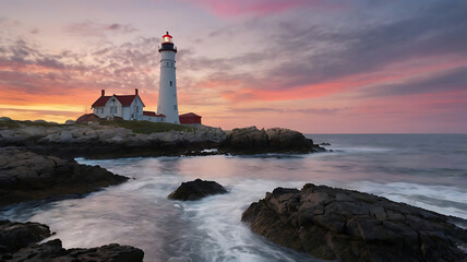 Fototapeta premium Featuring a lighthouse situated on a rocky coastline