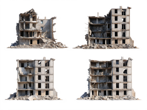 Ruined concrete structures debris isolated on a transparent background