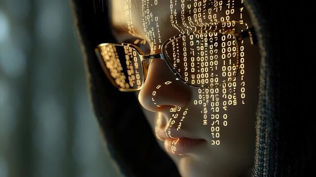 Digital hacker profile: binary crack, system breach, incognito motion, secret figure, shadow realm, network probe, code fragment, masked presence, stealth action, data flaw, hidden circuit