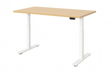 Ergonomic standing desk with light wooden surface, white metal frame, supporting comfortable and efficient home office setup