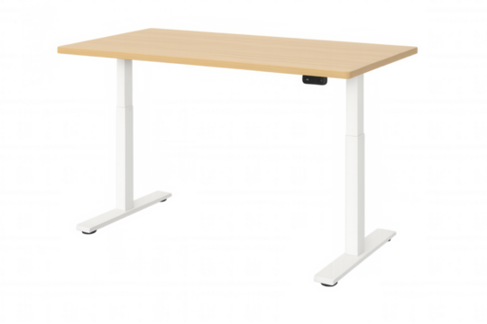 Ergonomic standing desk with light wooden surface, white metal frame, supporting comfortable and efficient home office setup