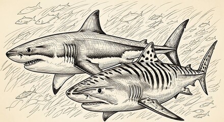 Fototapeta premium Detailed Pen and Ink Illustration of Two Sharks Swimming with Smaller Fish