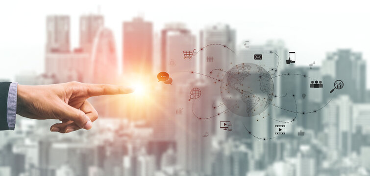 Visualization of global digital communication and online across multiple platforms, including global network, digital network, communication network, and online network. Vouch