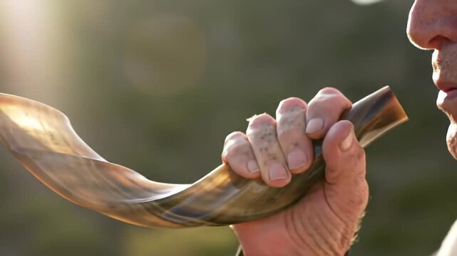 A man blowing a shofar outdoors, holding the ram's horn to his lips, with sunlight shining from behind.