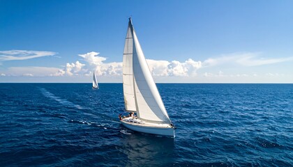 Obraz premium Sailboat gliding across a vast expanse of blue ocean.