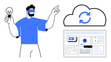 Man wearing virtual reality headset holding a lightbulb and pointing at cloud synchronization icon. Digital dashboard presents charts, video, and data. Ideal for VR, cloud, innovation, technology