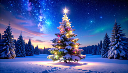 Magical christmas tree in snowy landscape