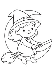 coloring book little witch riding a broom in front of the moon,