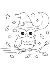 Coloring book owl wearing a witch hat sitting on a branch under the moon and stars.