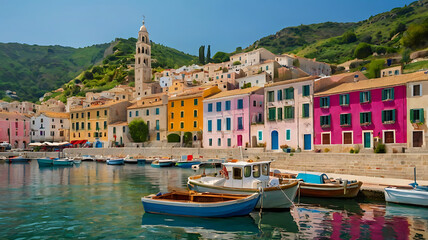 The layout features a cluster of colorful buildings perched on a rugged cliff overlooking the azure Mediterranean Water Place.