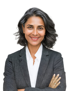 Middle-age Southeast Indian businesswoman, smiling with arms crossed, isolated on white or transparent background