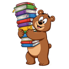 Happy Cartoon Bear Carrying a Stack of Colorful Books Transparent PNG Clipart