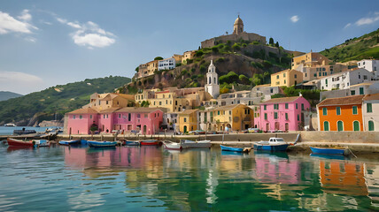 The layout features a cluster of colorful buildings perched on a rugged cliff overlooking the azure Mediterranean Water Place.