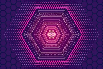 Abstract futuristic hexagonal tunnel with glowing pink and purple geometric patterns and light at the end