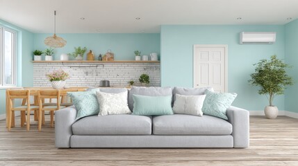Fototapeta premium Light gray couch in a light teal-colored open-plan kitchen-living room.