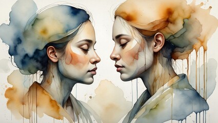 Twin Faces Watercolor Portrait - Abstract Split Reflection