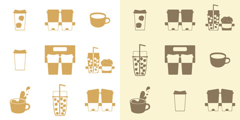 Seamless vector patterns featuring coffee cups, bubble tea, and assorted bakery treats in warm tones. Ideal for cafe branding, packaging, and backgrounds.