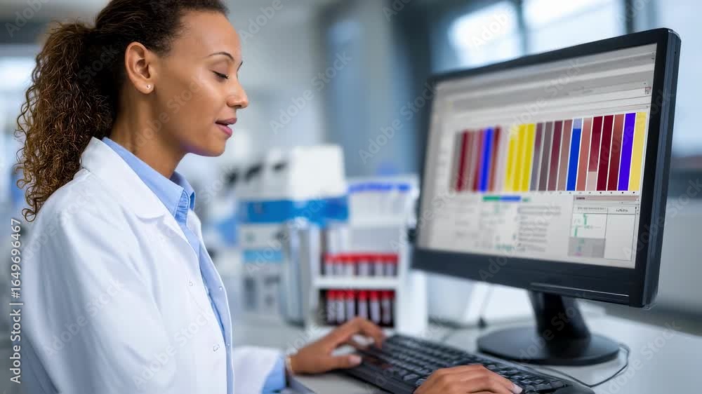 Poster closeup of hematology technologist comparing blood test results on a computer screen crosschecking d
