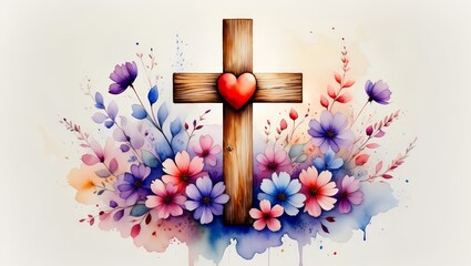 Watercolor Cross with Floral Heart - Christian Symbolism and Love