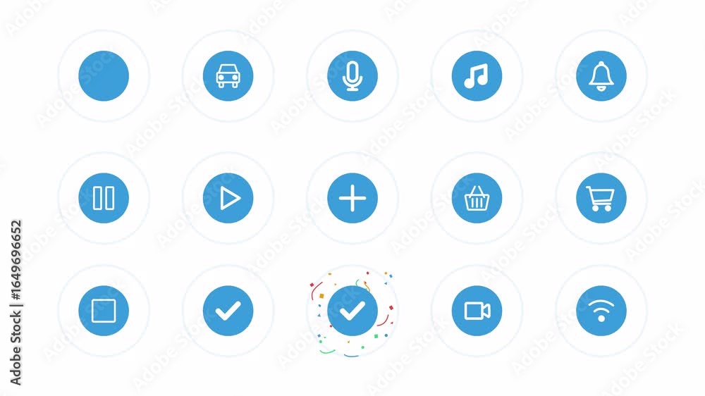 Aufkleber pack of animated pulsing circle icons for interaction, status, and loading. includes play, pause, ad