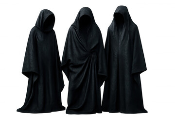 Three sinister figures in dark hooded cloaks stand against a transparent background, evoking a sense of mystery and dread
