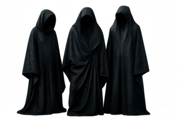 Three sinister figures in dark hooded cloaks stand against a transparent background, evoking a sense of mystery and dread