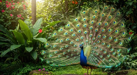 Obraz premium Peacock Displaying Feathers in Garden