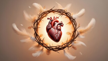 Human Heart Surrounded by Laurel Wreath and Feathers – Symbol of Love, Life, and Spirit