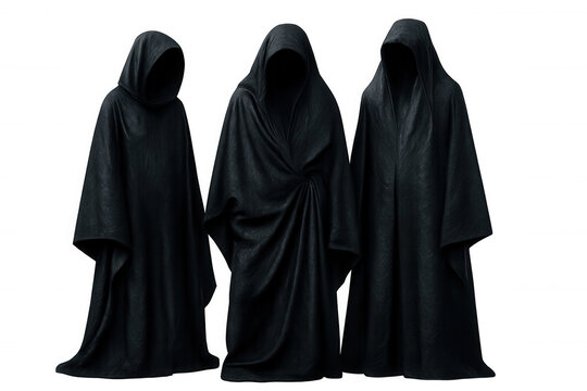 Three sinister figures in dark hooded cloaks stand against a transparent background, evoking a sense of mystery and dread