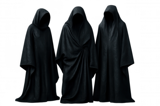 Three sinister figures in dark hooded cloaks stand against a transparent background, evoking a sense of mystery and dread