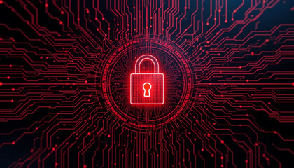 Glowing Padlock with Intricate Circuit Patterns in Red and Black Representing Cybersecurity and Digital Protection