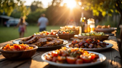Outdoor Feast: A Rustic Table Setting with Grilled Meats and Fresh Vegetables