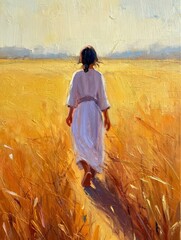 Woman Walking Through Golden Wheat Field - Impressionistic Painting