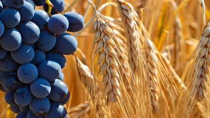 Grape Vine and Wheat Field - Harvest and Agriculture Concept