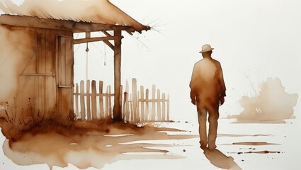 Watercolor Painting of a Man Walking Past a Rural Building