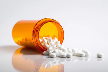 Orange pill bottle with white tablets spilling on reflective white surface