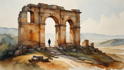 Ancient Ruined Archway with Lone Figure - Watercolor Illustration