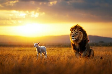 Lion and Lamb in Golden Field - Symbolism of Peace and Strength