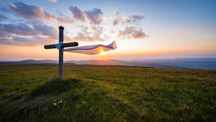 Wooden Cross with Fabric Drape at Sunset on Mountain Meadow