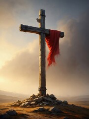 Weathered Wooden Cross with Red Cloth in Desert Landscape - Religious Symbolism